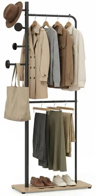 Produktbild von COSTWAY Garderobenständer mit 2 Kleiderstangen, Standgarderobe, Kleiderständer mit 4 Haken, Schuhablage & Füßen, Garderobe für Schlafzimmer & Flur