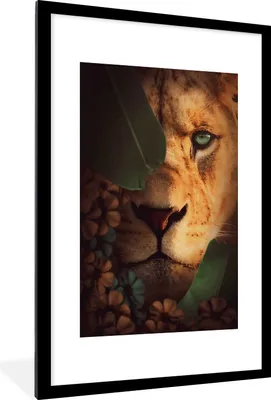 Produktbild von MuchoWow® MuchoWow® Gerahmtes Poster Löwe - Dschungel - Pflanzen 60x90 cm - Poster mit zchwarzem Bilderrahmen - Dekoration - Wandposter Wohnzimmer - Hochwertig