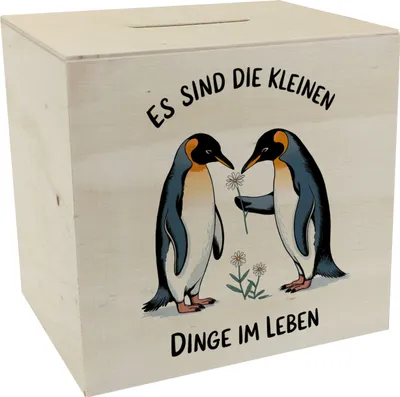 Produktbild von Pinguine Blumen - Es sind die Kleinen Dinge Spardose aus Holz