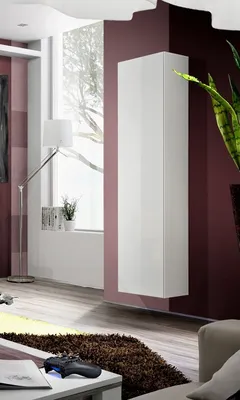 A modern living room with a white cabinet mounted on a maroon wall.