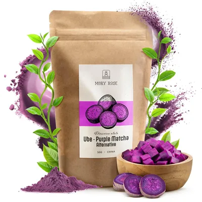 Immagine prodotto di Mary Rose - Tè Matcha viola con polvere di ube 50 g - Igname viola - Senza caffeina - Per latte macchiato, dolci - Colorante alimentare - Gusto vaniglia e nocciola