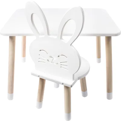 Produktbild von Dekormanda-Kindertisch mit hasenstuhl, einem Tisch und einem Stuhl, weiß