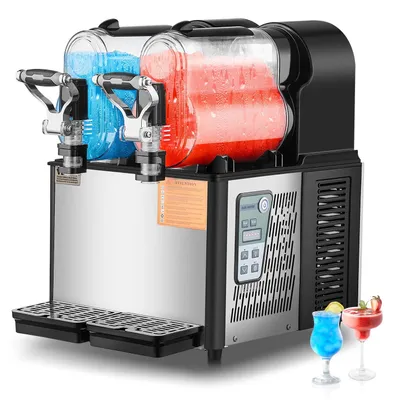 Productafbeelding van VEVOR commerciële slushmachine, 3 liter x 2, dubbele tank voor bevroren dranken, 24 bekers, roestvrijstalen slushmachine, softijs maker