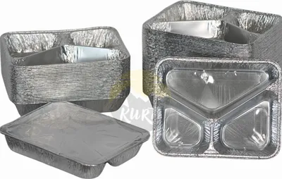 Produktbild von KURTT - 100 Stück Aluminiumschale dreiteilig mit Aluminiumdeckel - Menüschale 3 Fach Aluminium - Prep Meal, Fitness, Mahlzeit, Aluminiumbehälter