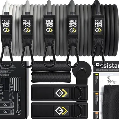 Produktbild von Hochwertiges Set aus Fitnessbändern – Widerstandsbänder für Training, Pilates und Sport – mit Widerständen von 5, 10, 15, 20 und 25 kg