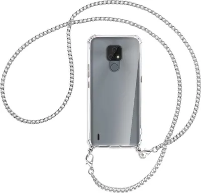 Produktbild von Handykette Backcover-Schutzhülle mit Band (Metall silberfarben) für Motorola Moto E7 - silberfarbene Kette