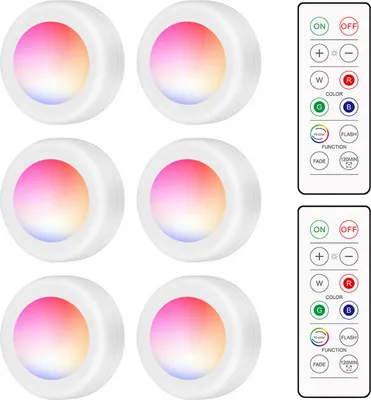 Zdjęcie produktu dla Oświetlenie szafki typu „puck light” z diodami LED i pilotem, 16 kolorów RGB, 10-stopniowa regulacja jasności, funkcja timera, bezprzewodowa lampka nocna zasilana bateryjnie do kuchni, łazienki, garderoby, imprez, oświetlenie podszafkowe