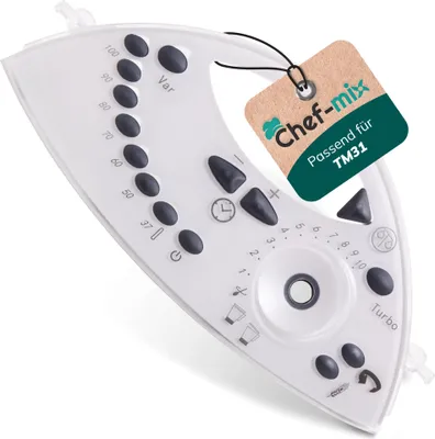 A white control panel for a kitchen appliance, with buttons and markings, and a product tag attached.