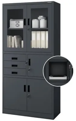 Produktbild von Vitrinenschrank abschließbar FILIP mit Tresor & Schubladen| Büroschrank aus Stahl Aktenschrank mit Glasfenster Metallschrank Mehrzweckschrank 185x90x40cm Anthrazit