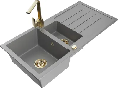 Produktbild von Mexen Andres 1,5-Becken-Granitspüle mit Abtropffläche und Mischbatterie Rita, Grau - 6515-71-670300-50