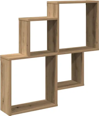 A wooden wall shelf with multiple cubbies, shown against a white background.