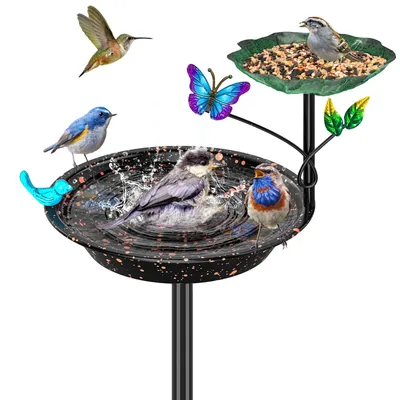 Standvogelbad aus Metall, Vogeltränke und Futterspender, schwarz