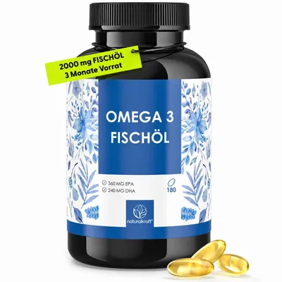 Produktbild von Omega 3 Fischöl – 2000 mg Fischöl pro Tagesdosis mit 600 mg Omega-3, 360 mg EPA & 240 mg DHA – Hochdosiert, Labor und Nachhaltig - 180 Kapseln