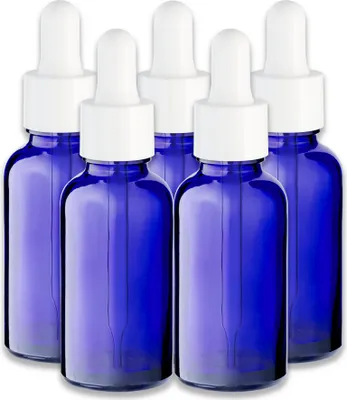 Produktbild von 5x Blaue Glasflasche 30 ml mit weißer Pipette leere Apothekerflasche
