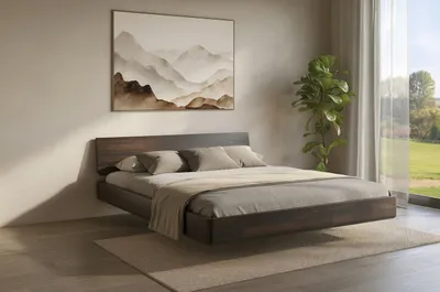 Produktbild von Schwebebett aus massivem Buchenholz Visby LENA ohne Nachttische, 160x200 cm, Farbe Palisander