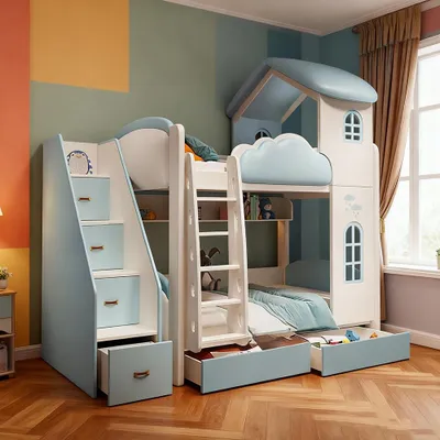 Produktbild von Hochbett Etagenbett mit Leiter, Matratzen und Schubladen – Kinderbett, Kinderzimmer Möbel, Stufen mit Stauraum Blau 1350*1900mm