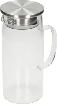 Produktbild von Glaskaraffe mit Deckel 1 Liter aus Borosilikatglas - Wasserkaraffe mit feiner Filterung dank Sieb - stilvolle Karaffe für Wasser, Fruchtwasser und Eistee im Alltag und Büro transparent