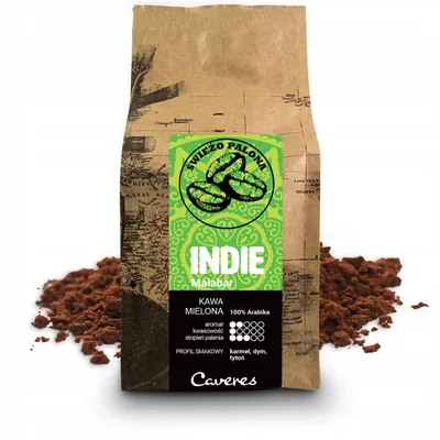 Zdjęcie produktu dla Kawa mielona Caveres INDIE MALABAR 100% Arabica 250 g ŚWIEŻO PALONA rzemieślnicza palarnia kawy premium