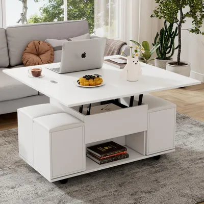 Immagine prodotto di MODFU Tavolino da caffè moderno, con cassetto, 4 sedie e vano contenitore nascosto, realizzato in pannello truciolare, colore bianco - dimensioni 100x100x63,5 cm