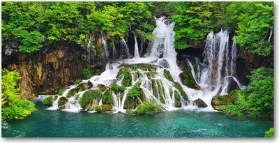 Produktbild von Tulup® Glas-Bild - 100x50 -Wandkunst - Wandbild hinter gehärtetem Sicherheitsglas  - Landschaften - Wasserfall Berge - Grün