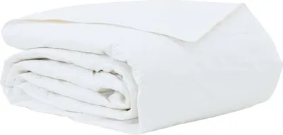 A folded white duvet or comforter.