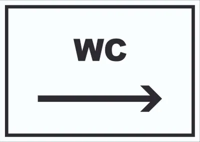 Produktbild von WC Schild mit Text und Richtungspfeil rechts Toilette Klo waagerecht A2 Rückseite selbstklebend
