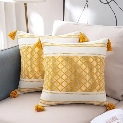 Produktbild von 2er Set Kissenbezug Baumwolle Kissenhülle Dekokissen Jacquard Quaste Dekorative Kissenbezüge Sofakissen für Sofa Couch Schlafzimmer Wohnzimmer Auto 45 x 45 cm