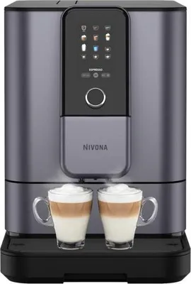 A Nivona coffee machine with two cups of coffee in front of it.
