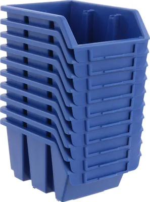 A stack of blue plastic storage bins.