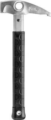 Der BONGO Hammer von Petzl; aus Metall mit schwarzem Gummigriff; ideal für Kletter- und Outdoor-Ausrüstung.