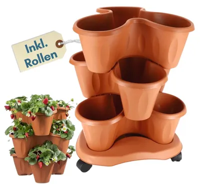 Produktbild von Pflanzturm Erdbeerturm 3er Set Säulentopf Stapelbar Kräuterspirale 3 Stöckiger Blumentopf Vertikaler Garten Kräutergarten Hochbeet Pflanzkübel mit Rollen Terracotta