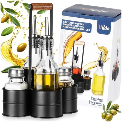 Produktbild von Vilde | Essig und Ölflaschen Set - 5-tlg. Menage - Glasflaschen 150 ml - Gewürzstreuer 80 ml - Edelstahl Ausgießer