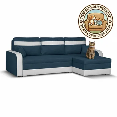 Produktbild von KomfortWelt24 Ecksofa mit Schlaffunktion und praktischem Bettkasten - Bequemer Eckcouch 214x140 cm L-Form CONDI Marineblau/Weiß