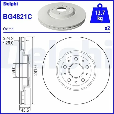 Produktbild von 2x DELPHI Bremsscheibe BG4821C für FIAT TIPO Schrägheck (356_) TIPO Kombi (356_)