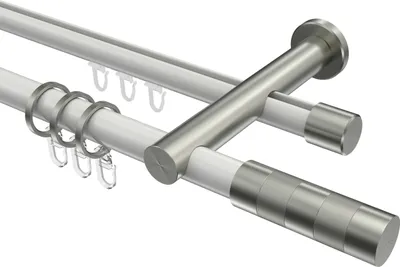 Produktbild von Interdeco Rundrohr-Innenlaufstange / Gardinenstange (Kombination) Weiß / Edelstahl-Optik, Typ Platon Mavell (Zylinder Bicolor), 20 mm Ø 2-läufig, 100 cm