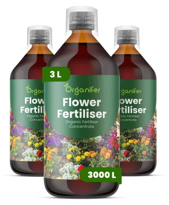 Zdjęcie produktu dla Flower Płynny Nawóz 3x1 L – 3-4-3 NPK – Do Kvitnúce Rośliny – Do Intensywne Farby Kwiatów i Witalny Wzrost – Organifer