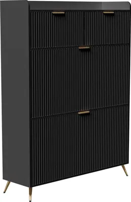 Immagine prodotto di Armadio per scarpe da ingresso - Mobile moderno per scarpe con ripiani - 4 cassetti e ante scorrevoli - Salvaspazio - Metallo e legno - 80x24x110 cm - Nero