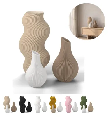 Image de Lot de 3 vases décoratifs en PLA, striés, jusqu'à 18,4 cm, 6 mélanges – Beige