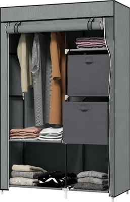 Produktbild von Faltbarer Kleiderschrank Stoffschrank mit 6 Regalböden & Kleiderstange, Grau 102x42.5x162.5cm - Praktischer Kleiderschrank für Kleidung und Accessoires