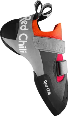 Schwarz und Orange mit Klettverschluss und Logo auf der Sohle und dem Riemen