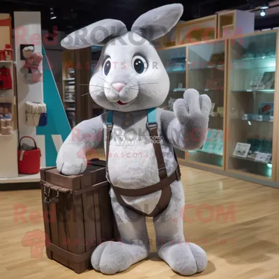 Produktbild von Grauer REDBROKOLY Hase Maskottchen Kostüm charakter bekleidet mit einem Tanktop und Tragetaschen