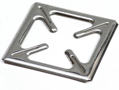 A close-up, studio shot of a silver metal gas stove grate on a white background.
