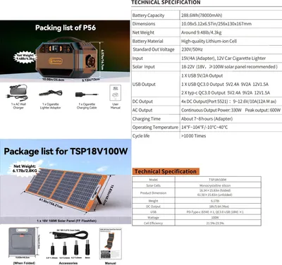 Obrázek produktu pro Přenosná powerbanka/solární generátor – sada solárního panelu P56 100 W – 288,6 Wh – jmenovitý výkon 330 W, špičkový výkon 600 W – 12 V