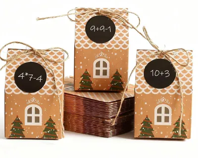 Productafbeelding van Adventskalender om zelf te vullen, set van 50 kersthuisjes, knutselset met cijferstickers, kraftpapier, 4,5x7x10 cm