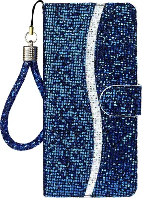Produktbild von Mobigear Glitter iPhone 12 Hülle Klapphülle Geldbörse - Blau