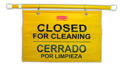 Produktbild von Rubbermaid Mehrsprachiges „Closed For Cleaning“-Türhängeschild (Wegen Reinigung geschlossen), 71-127 cm gelb