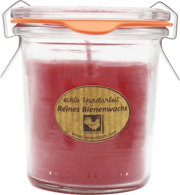 Produktbild von Bienenwachskerze im original Weckglas®, 100% reines Bienenwachs, Dunkelrot, KERZENFARM HAHN, 75/70 mm, 140 ml, Brenndauer ca. 17,5h