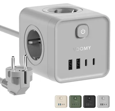 Produktbild von VOOMY 8-in-1 Heim Mehrfachsteckdose mit 20W USB-C – 4-Fach, 2 USB-C & 2 USB-A – Steckdosenleiste mit Überspannungsschutz & Schalter – 2M Kabel – Grau