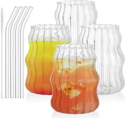 Produktbild von Tebery 4 Stück 480ml Glasbecher mit Strohhalm, 16Oz Vintage Trinkglasware Ripple Cocktailgläser für Eiskaffee Saft Getränk Milch