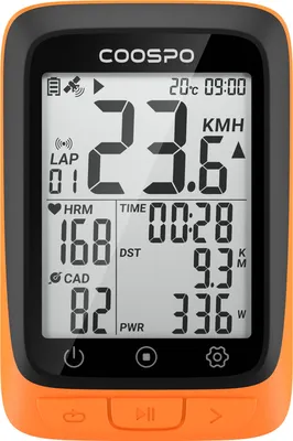 Obrázek produktu pro Cyklocomputer Coospo, bezdrátový GPS tachometr a počítadlo kilometrů na kole se snímačem srdečního tepu ANT+, snímač kadence BT 5.0, oranžový